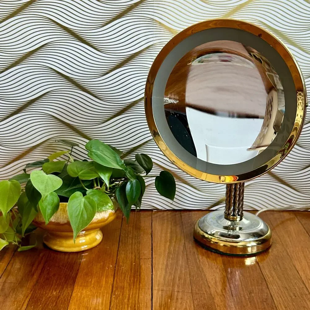 Vintage Cane & Reed Round Lighted Adjustable Make-Up Mirror with Twisted Stem